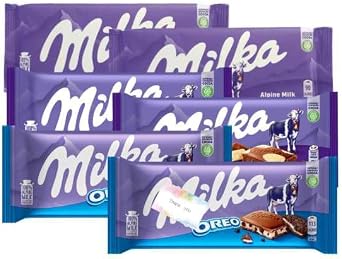 Set of 3 types, 2 eachMilka Chocolate 90g Taste Comparison Set Alpenmilch, Oreo, Happy Cow with Original Message Card from Chatty Shop