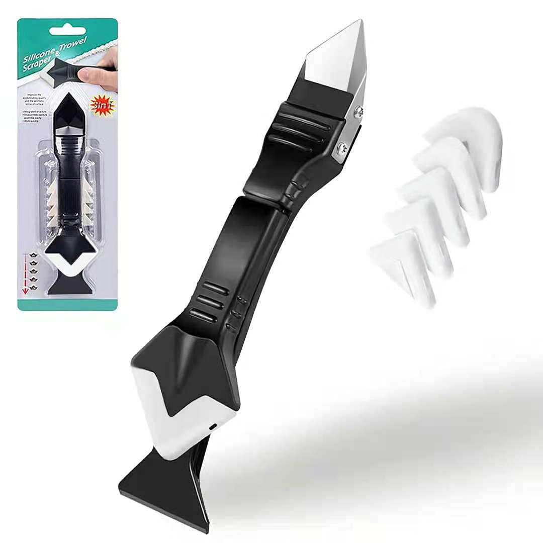 3 in 1 Silicone Caulking Tools， Sealant Finishing Tool Grout Sc, Reuse and Replace 5 Silicone Pads, Great Tools for Kitchen Bathroom Window（stainless steelhead） (7pcs)