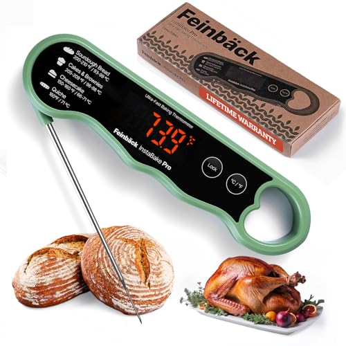Feinbäck Pro Instant Read Food Thermometer for Cooking Sourdough Bread Baking | Rechargeable Rotating Screen | Digital Meat Thermometer Kitchen Gadget Grill Accessories | Water-Resistant (Olive Green)