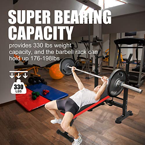 Vilobos Adjustable Weight Bench Foldable Workout Bench with Barbell Rack , Decline/ Flat Bench ,Supports to 330 Lbs,for Full Body Exercise