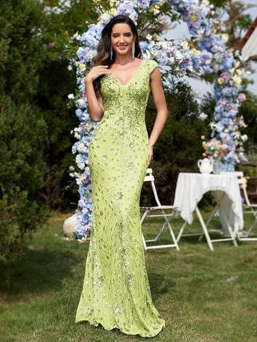 Image of Womens Sequined Long Evening Gown Glamous Sleeveless V-Neck Mermaid Prom Dress for Wedding Party Club Occasions