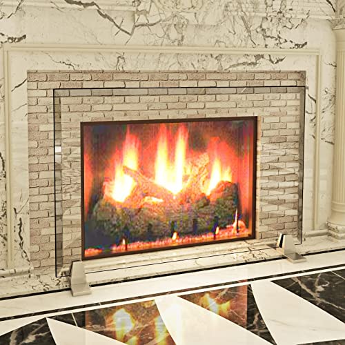 Image of Tempered Glass Fireplace Screen, 29 inch x 39 inch, Silver Base, Modern Frameless
