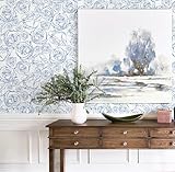 Safiyya 118'' × 17.3'' Peel and Stick Wallpaper Blue and White Contact Paper Floral Rose Wallpaper Boho Removable Wall Paper for Bedroom Vinyl Rolls