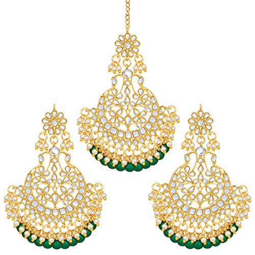 Aheli Indian Wedding Kundan Pearl Maang Tikka with Earring Set Bollywood Party Traditional Jewelry for Women Girls (Green)