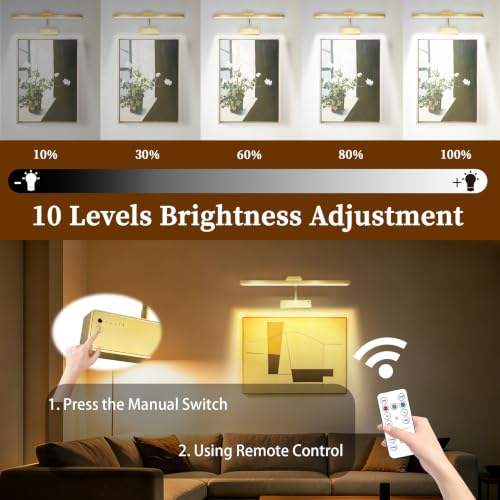 Image of MIOBLUE Picture Light for Wall, 4800mAh Rechargeable Wireless Remote, 15in Dimmable Timer LED Art Display Light with 3 Color Modes for Gallery, Dartboard, Living Room, Bedroom, Hallway-Gold