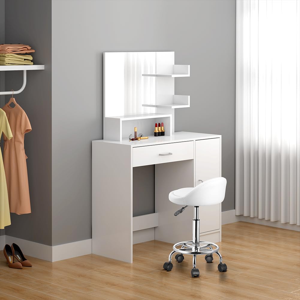 BAKAJI Taburete con Ruedas, Asiento Acolchado y Respaldo bajo de Piel sintética, Base con reposapiés de Acero Giratorio 360°, Altura Ajustable, Ideal para Esteticista, Cocina, restaurantes, (Blanco)