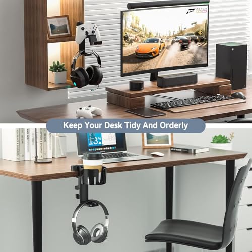 كيو سي كيو اتش دي يو حامل سماعة راس 3 في 1 مع حامل اكواب مكتبي، شماعة سماعات راس قابلة للتدوير، اكسسوارات شماعات سماعة الاذن لوحدة التحكم في الالعاب على سطح المكتب، كوب