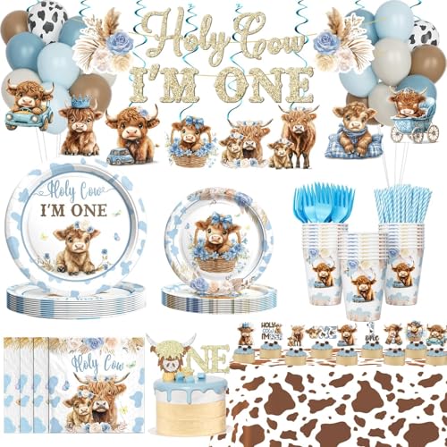 Hombae Highland Cow 1st Birthday Party Tableware Set for Boys 199 PCs Holy Cow Im One Party Supplies with Floral Boho Plates Napkins Banner Cake Topper Serves 24 Guests