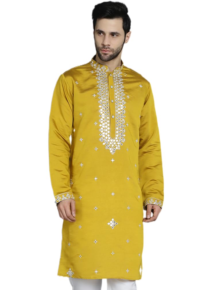 Jompers Men's Mustard Embroidered Kurtas (Mustard, Xxl)