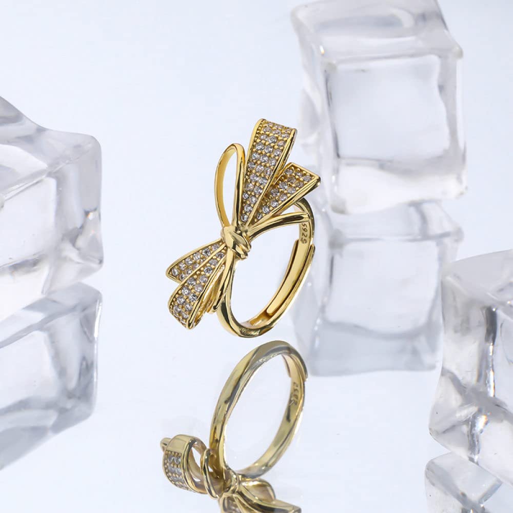 Anello In Argento Sterling 925,Anello Regolabile Per Donna Nodo A Farfalla Argento Sterling 925 Micro Pavé Zircone Retrò Placcato Oro Anello Per Dito Indice Da Sposa Gioielli Eterni Regali Per Rag