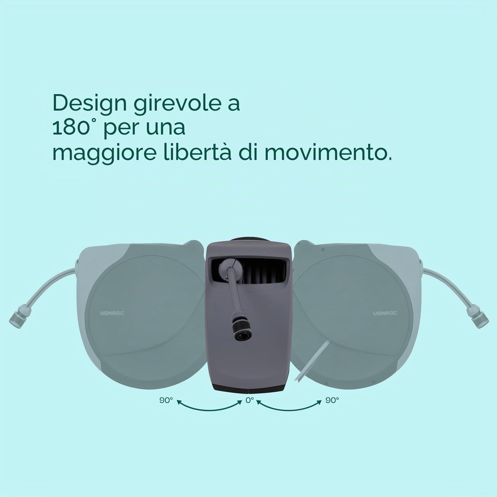 VONROC Avvolgitubo Automatico con Tubo Premium 20 m | Riavvolgimento Automatico | Pistola a 8 Getti | Avvolgitubo da Parete per Irrigazione Giardino, Grigio