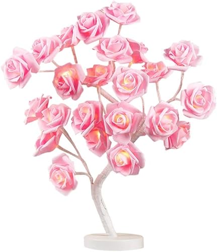 Lámpara de mesa con diseño de rosas y flores, lámpara de árbol de escritorio con 24 luces LED blancas cálidas, funciona con USB, funciona con pilas,