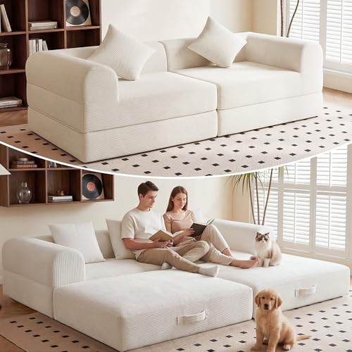 kitcwiz Convertible Sofa Bed,Corduroy Boneless Couch with 2 Pillows, Floor Sleeper Sofa Bed with Fold-Out Mattress,Futon Couch for Living Room Bedroom,No Assembly Needed (Beige White)