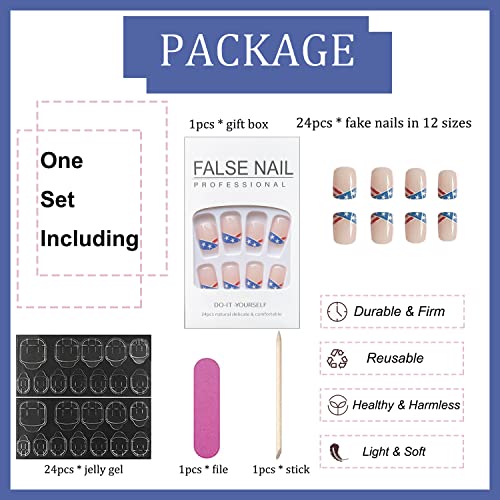 4Th Of July Press On Nails Short Square Nude French Tips Nails Independence Day Fake Nails Blue Red White Star Stripe Design Acrylic Glue On Nails False Nails For Patriotic Party Nail Decoration 24Pcs #TOP2