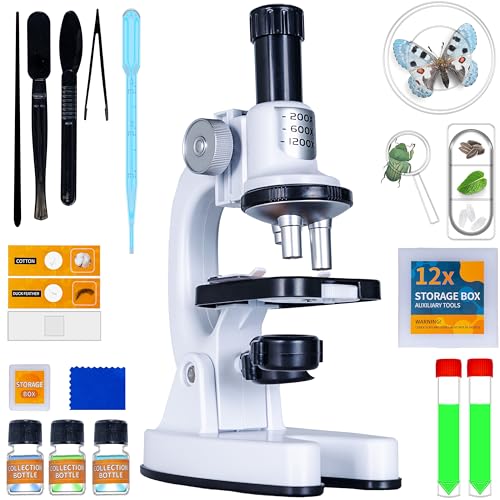 Silvergear® Microscopio Bambino | Imposta Debuttanti | Gioco Educativo | Grossissement di 200x, 600x e 1200x | LED | Microscopio Professionale per Biologia | Inclus 29 Accessori | 14x8x22 cm | Bianco