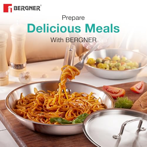 Image of Bergner TriPro 4 Pcs Tri-Ply Stainless Steel Induction Bottom Cookware Set - 22cm (2L) Kadai and 22cm (1L) Frypan with Common Stainless Steel Lid, 14cm (1L) Teapan, Less Oil Use, Easy to Clean