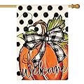 AVOIN colorlife Fall Welcome Pumpkin House Flag 28x40 Inch Double Sided Outside, Polka Dot Seasonal Thanksgiving Yard Outdoor Decorative Flag