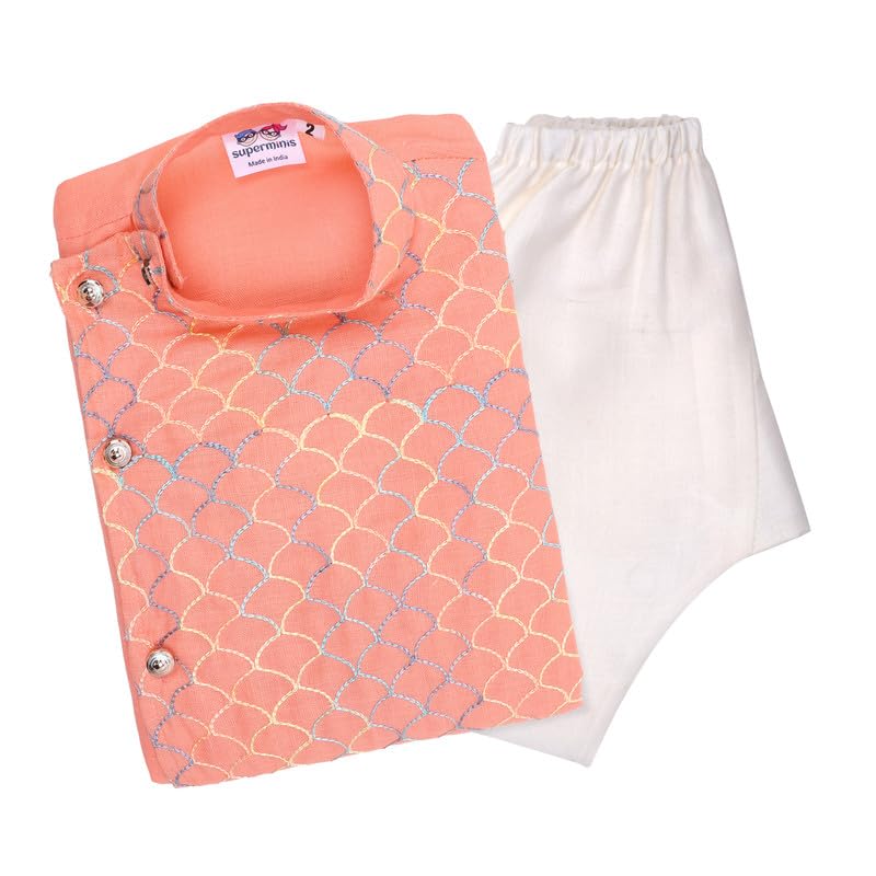 superminis Baby Boys Cotton Side Open Embroidery Kurta and White Pyjama Set