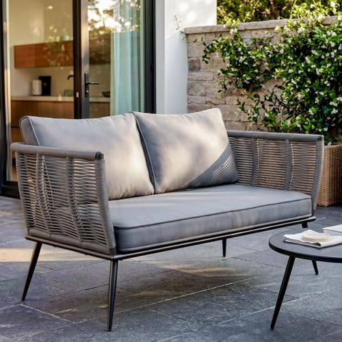 LIFERUN Canapé de Jardin 2 Places en Résine Tressée avec Coussins d'Assise et de Dossier, Banc de Jardin avec Accoudoirs, pour Balcon, Terrasse, Jardin,...