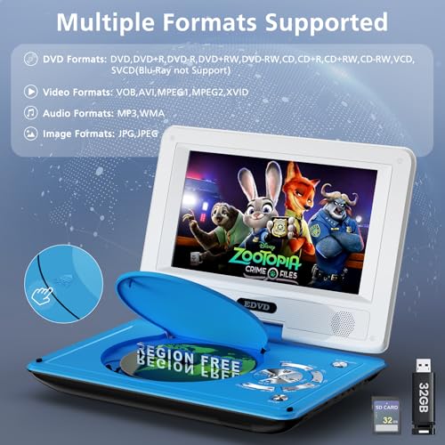 Image of 11.5 inch Portable DVD Player for Kids and Car, 9.5 inch Swivel HD Screen with 4-6 Hours Built-in Battery, Support Sync Screen to TV, Support SD Card /USB /Multiple Disc Formats (Blue)