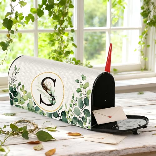 Image of Tiamon Monogrammed S Mailbox Covers Magnetic Eucalyptus Welcome Letter Box Wrap Standard Size 21x18 Inch Spring Summer Leaves Mailbox Decor Eucalyptus Letter Numbers Decoration for Outdoor Garden Yard