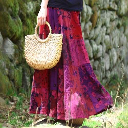 Boho Women Printed Cotton Linen Maxi Skirt Casual Patchwork Skirt Beach Travel Outfit3