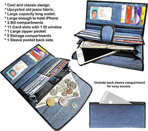 Upcycling Blue Denim Large Capacity Money Flap Roomy Long Wallet Purse for Women BMW0142