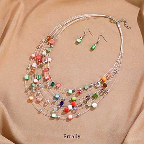 Multi-Layer Boho Shell Beaded Necklace For Women Colorful Crystal Strand With Silver Beads Statement Collars Necklace And Earrings Costumes Jewelry Sets For Women(Colorfol) #TOP1