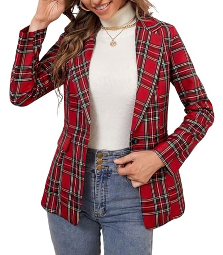 utcoco Women's Christmas Plaid Blazer Long Sleeve One Button Suit Jacket Casual Office Festive Outerwear (Medium, Red)