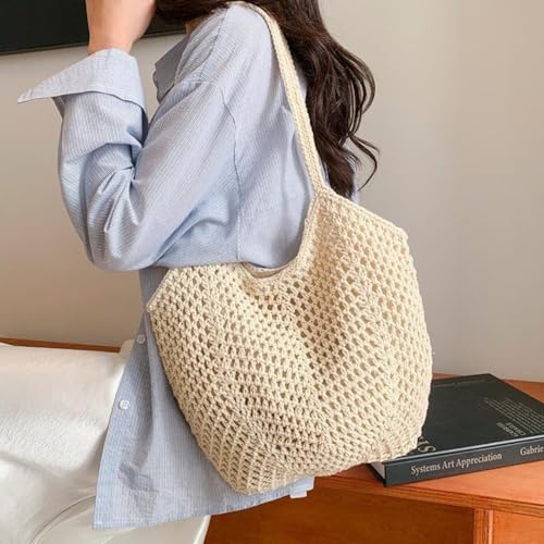 Bolsa feminina de crochê: carteira de ombro casual de tecido aberto, bolsa de praia de verão e essencial para uso diário/férias