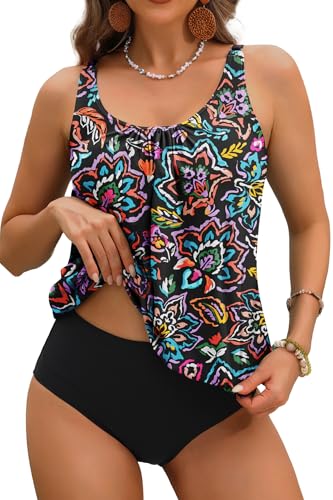 Image of Yonique Two Piece Tankini Swimsuits for Women Blouson Bathing Suits Modest Swimwear