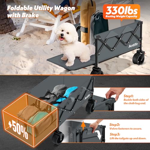 Image of Collapsible Wagon with Tailgate,Foldable Cart with Wheels,330LBS Resting Large Capacity,2 Drink Holders & Side Pockets,Long Extender,for Groceries,Shopping,Camping,Beach,Garden,Grey