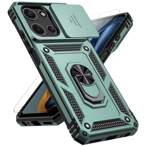 for Motorola Moto G 2025 / Moto G 2026 / Moto G Play 2026 Case, with Slide Camera Cover HD Screen Protector [Military Grade 16ft. Drop Tested] Ring Holder Kickstand Protective Phone Case, Dark Green