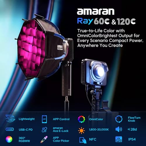 Image of Amaran Ray 60c RGB Video Light 60W Studio Photo Light CCT 1,800K-20,000K | With softbox carry case for YouTube, TikTok, live streaming, weddings, vlog