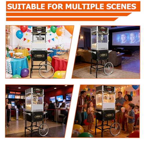 Image of Commercial Popcorn Machine with Cart & Wheels - 32OZ Stainless Steel Kettle, Vintage Style, Tempered Glass | Large Capacity for Home, Parties, Movie Theater (Black)