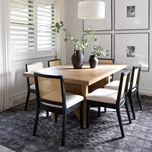 BESTANO Farmhouse Rattan Dining Chairs Set of 6 Black Wood Dining Room Chairs Rectangle Cane Country Kitchen Chairs Upholstered Wood Dining Chair for Dining Room, Cream Linen