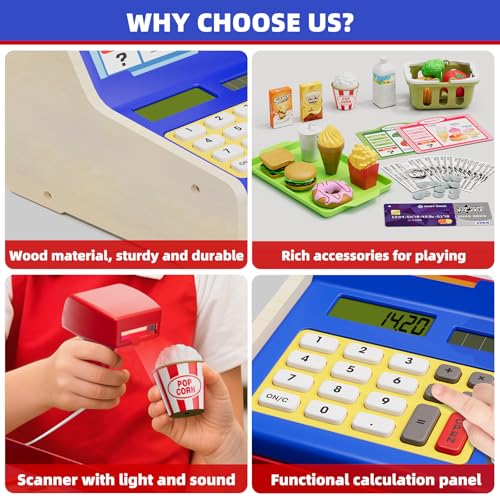 Image of HYES Rechargeable Wooden Cash Register for Kids, Toy Cash Register with Play Money, Toy Food, Pretend Play Supermarket & Fast Food Restaurant, Toddler Learning Toys for Boy & Girl Age 3-5, Blue