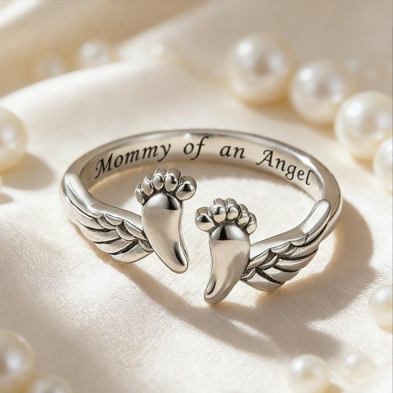 Miscarriage Gifts for Mothers Loss of Pregnancy Rings, Mommy of an Angel Wing Ring,Silver Mom Feather Rings Mother's Day Gifts
