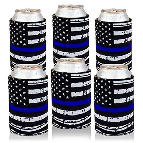Can Cooler Sleeves USA Thin Blue Line Flag Can Coozies Drink Beer Can Insulator Covers Collapsible Can Wraps 6Pc
