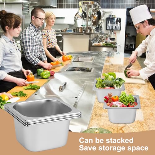 Image of 6 Pack 1 /6 by 4-Inch Steam Table Pan, | 201 Stainless Steel Anti-Jamming Steam Pan for Catering, Buffet, Restaurant, Cake Shop, Kitchen