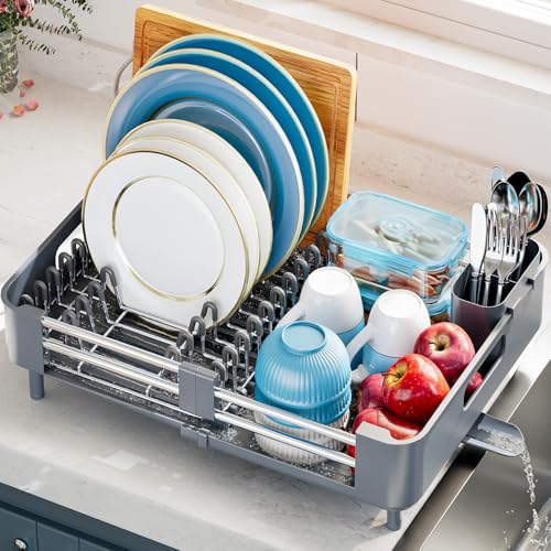 KINGRACK Dish Drainer Rack - Extendable Dish Rack, Stainless Steel Dish Drainer for Kitchen Counter, Draining Board Rack with Removable Cutlery Holder, Gray - Image 2