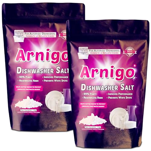 Image of Arnigo Dishwasher Salt 2kg for All Brands Dishwasher, Prevents White Spots, Regerates Resin, Improves Performance, Removes Water Hardness, Enhances Cleaning Quality Of Detergent- (1kg - Pack of 2)