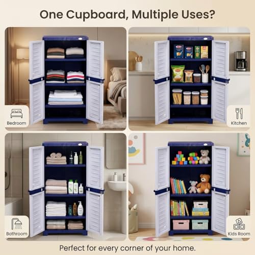 Image of Supreme Furniture Fusion 02 Multipurpose Plastic Cupboard | 40-Months Warranty* |2 Door Tall Storage Cabinet with 3 Adjustable Shelves & Center Lock | Big Water Organiser for Bedroom| DIY | Blue Grey