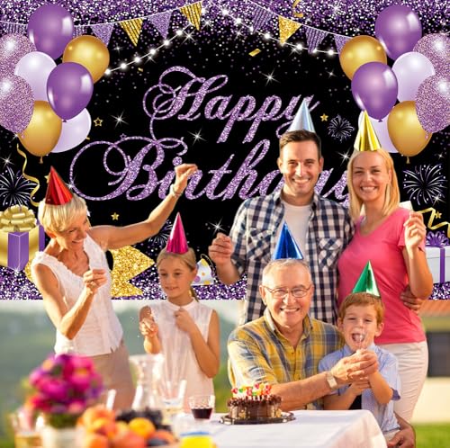 Image of Happy Birthday Banner - Birthday Decorations for Women Girls Purple Birthday Party Banners Welcome Happy Birthday Background Sign for Theme Party Decorations Indoor Outdoor