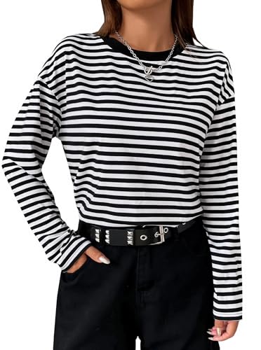 LilyCoco Womens Long Sleeve Striped Shirts Casual Color Block Crew Neck T Shirts Black Small