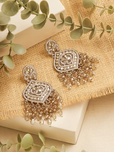 Image of Zaveri Pearls Champagne Color Dazzling Stones & Cluster Beads Drop Dangler Earring For Women-ZPFK19153