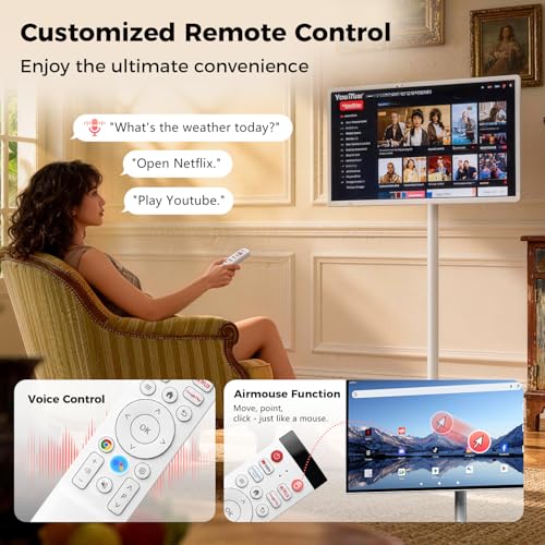 Image of 32 Inch Smart Portable TV, FHD Touch Screen Rolling Monitor on Wheels, Android 15 8GB +128GB, Wireless Tablet Display with Camera, 20W Speaker, EDLA-Certified 38,400 mAh Battery Voice Airmouse Remote