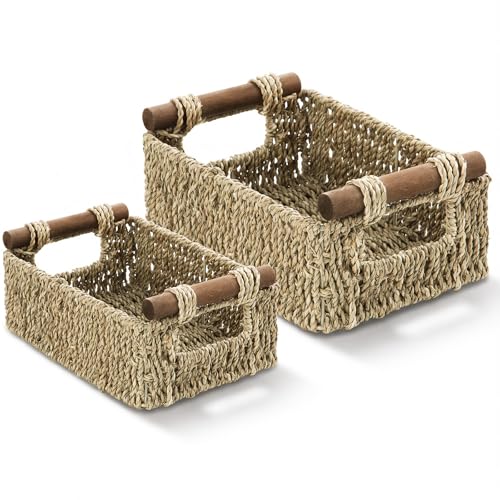 2 Pack Wicker Basket with Wooden Handles for Shelves, Handmade