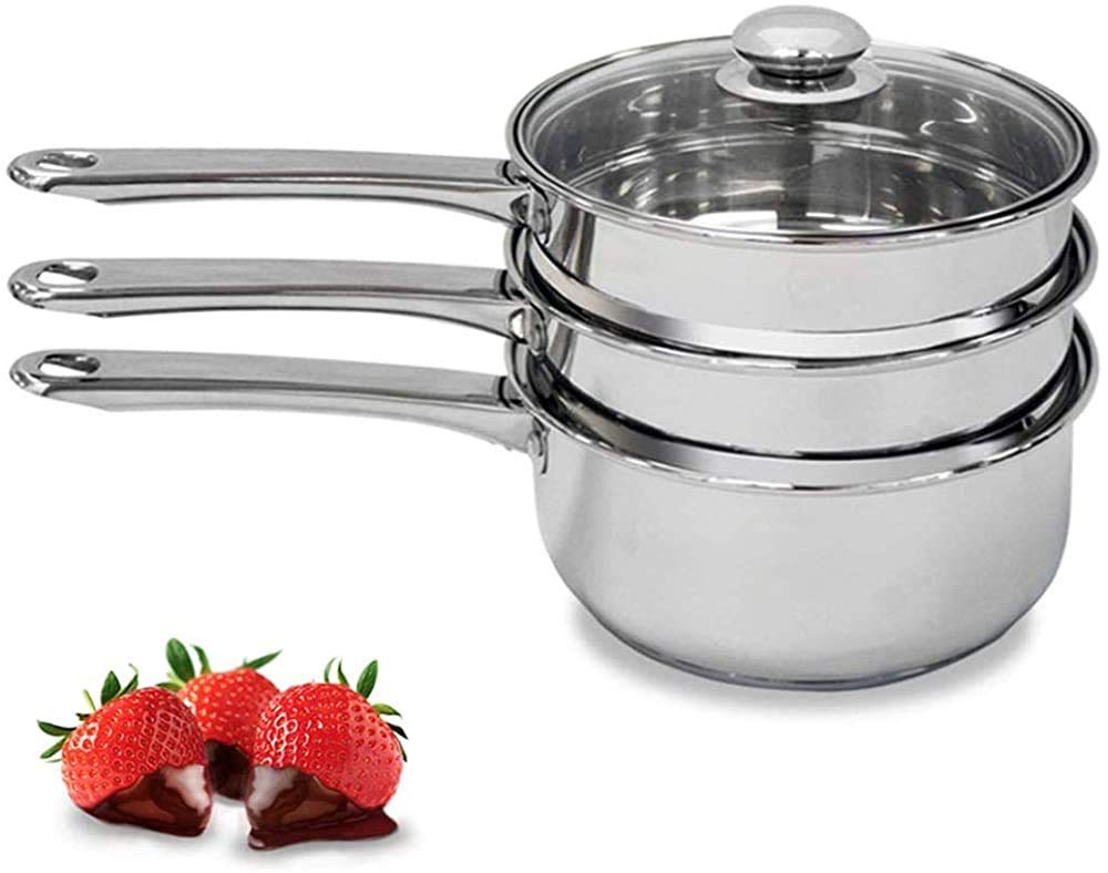 Double Boiler & Steam Pots for Melting Chocolate, Candle Making and more - Stainless Steel Steamer with Tempered Glass Lid for Clear View while Cooking, Dishwasher & Oven Safe - 3 Qts & 4 Pieces