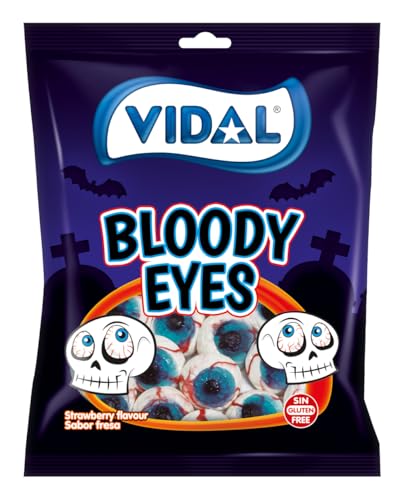 Vidal Golosinas – Bloody Eyes Pack 14 × 90 g | Ojos rellenos sabor fresa | Sin gluten | Golosinas Halloween temáticas